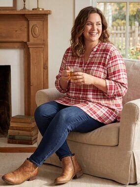 Magnolia Grace Red Plaid Tunic - Checkered Henley Long Sleeve Top Cotton Lyocel
